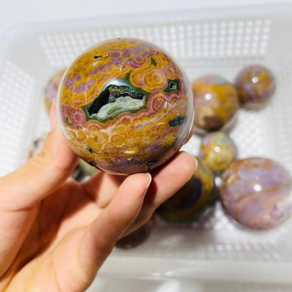 13 Pieces High Quality Vein Yellow Pink Ocean Jasper Spheres - Image 6