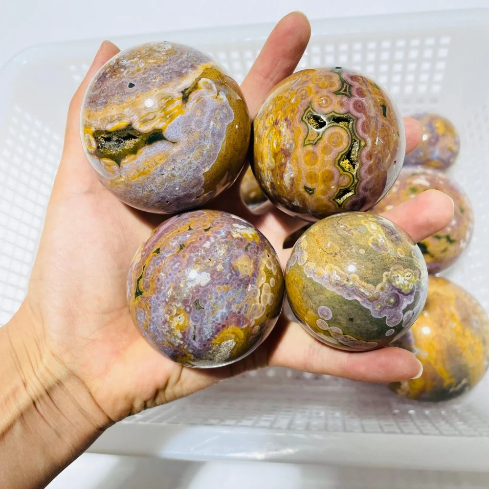 13 Pieces High Quality Vein Yellow Pink Ocean Jasper Spheres - Image 7