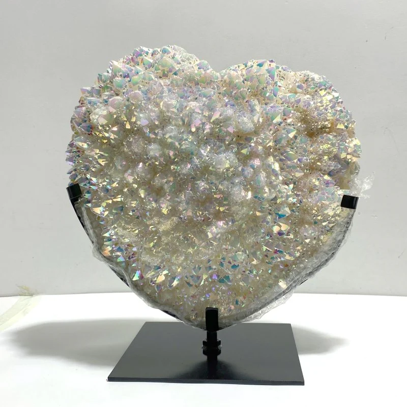 Very Large Aura Quartz Cluster Heart With Stand #1