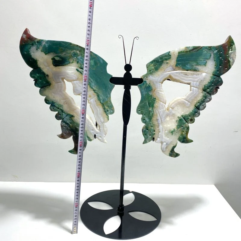 Very Large Geode Druzy Moss Agate Butterfly Wing Carving With Stand