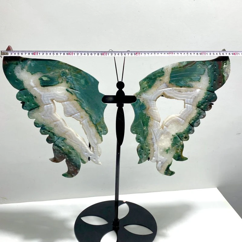 Very Large Geode Druzy Moss Agate Butterfly Wing Carving With Stand - Image 2