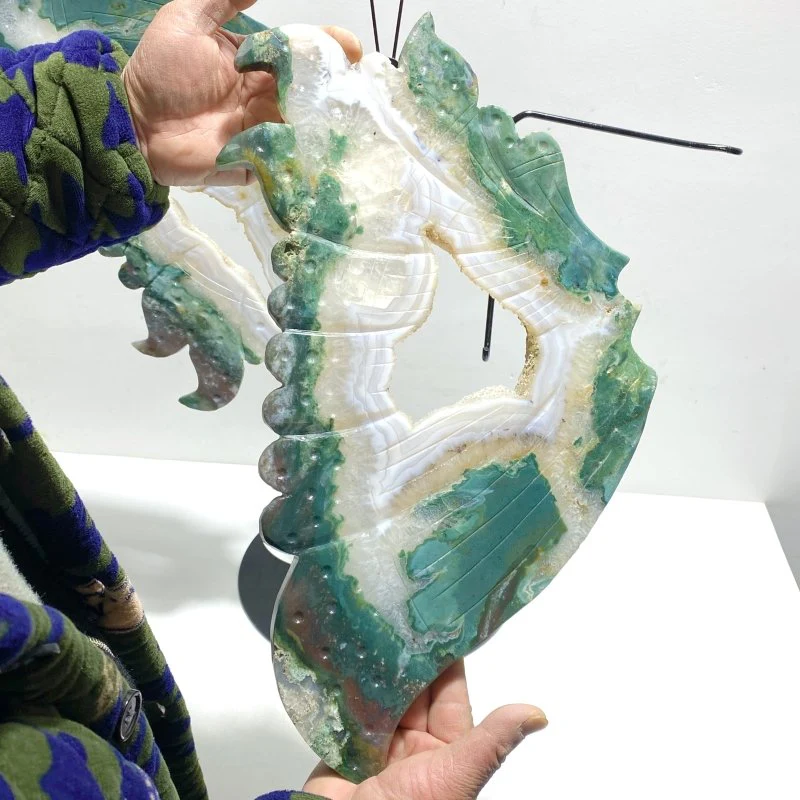 Very Large Geode Druzy Moss Agate Butterfly Wing Carving With Stand - Image 3