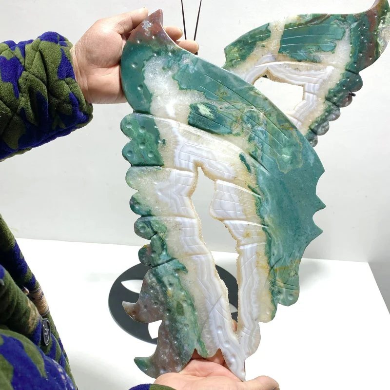 Very Large Geode Druzy Moss Agate Butterfly Wing Carving With Stand - Image 4