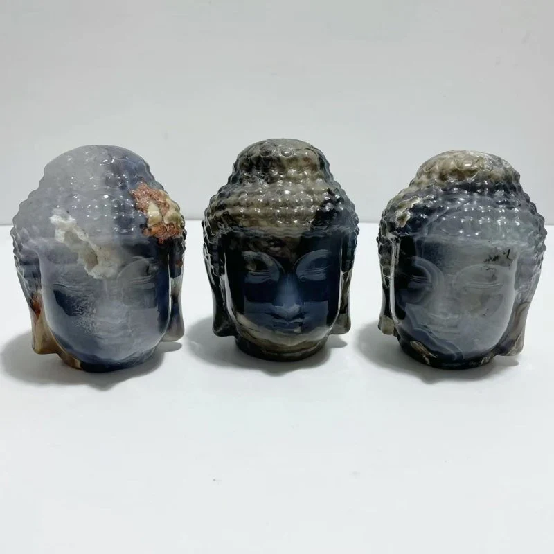 3 Pieces Volcano Agate Buddha Head Carving(UV-Reactive)