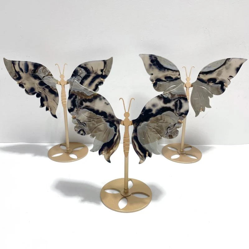 3 Pairs Volcano Agate Butterfly Wing Carving With Stand (UV Reactive)