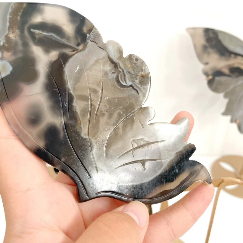 3 Pairs Volcano Agate Butterfly Wing Carving With Stand (UV Reactive) - Image 6