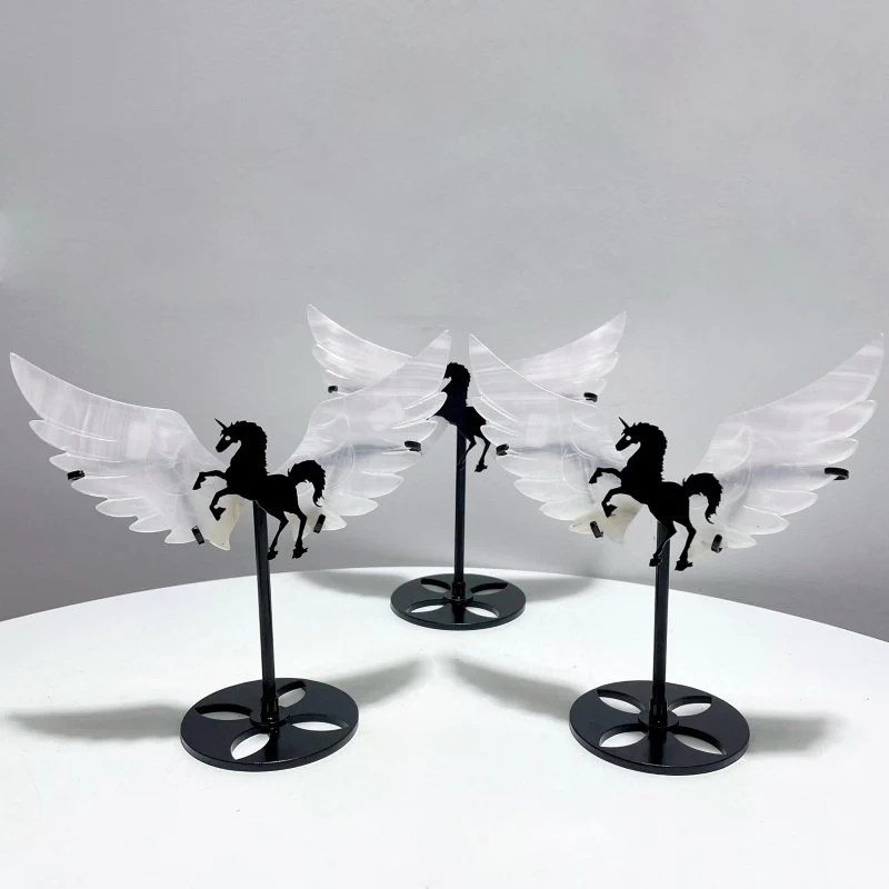 3 Pairs White Calcite Small Pegasus Wing Carving With Stand