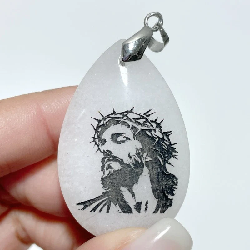 White Jade Engraved Jesus Christ Teardrop Pendant Crystal Pendant Wholesale