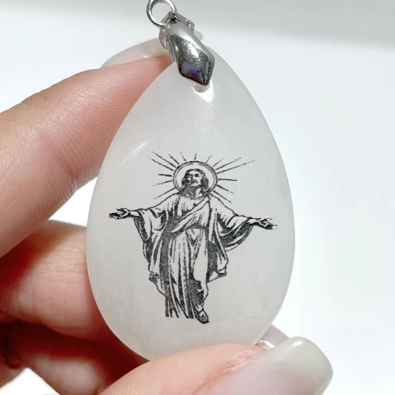 White Jade Engraved Jesus Christ Teardrop Pendant Crystal Pendant Wholesale - Image 5