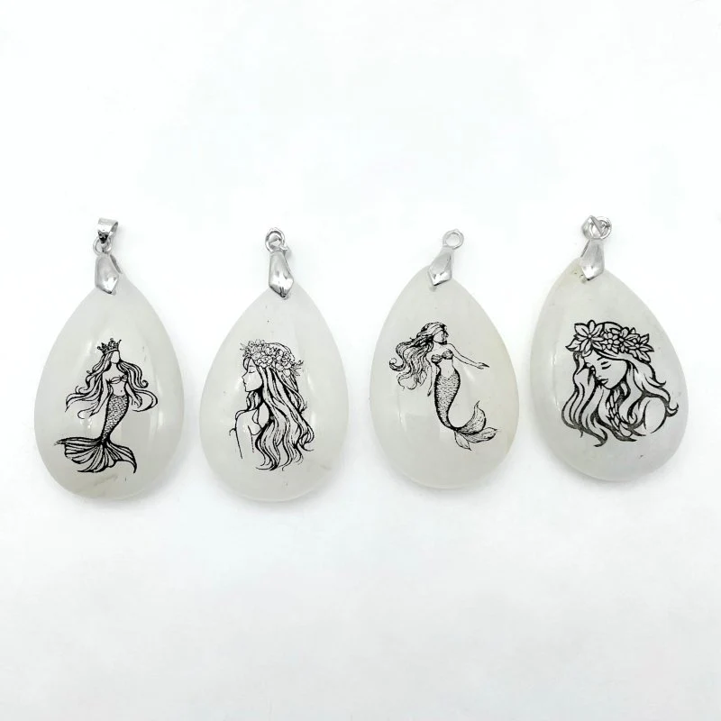 White Jade Engraved Mermaid Teardrop Pendant Crystal Pendant Wholesale - Image 2
