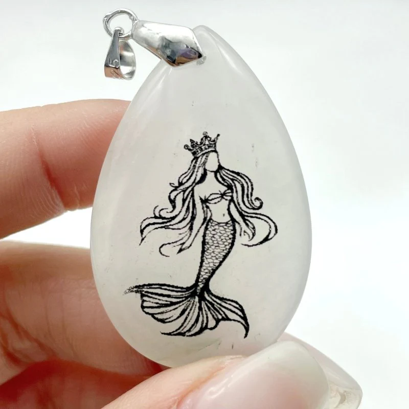 White Jade Engraved Mermaid Teardrop Pendant Crystal Pendant Wholesale - Image 5