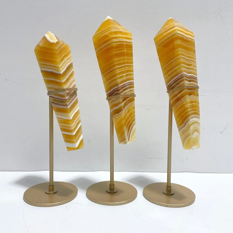 3 Pieces Yellow Calcite Magic Scepter Wand Points With Stand