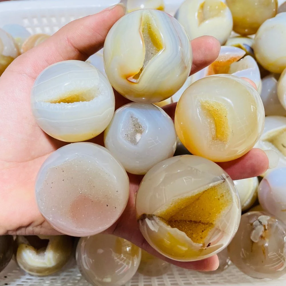 Beautiful Yellow Druzy Agate Geode Smile Open Mouth Agate Sphere Ball Wholesale - Image 2