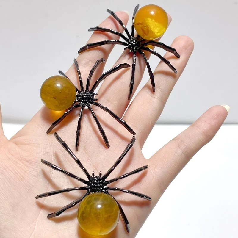 Yellow Fluorite Sphere Spider Ornament Handmade Alloy Spider Wholesale